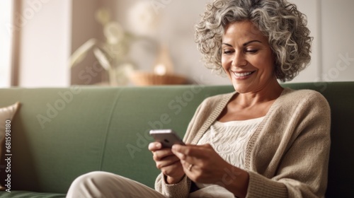 Senior happiness is captured as a woman smiles while scrolling her smartphone on the cozy sofa.
