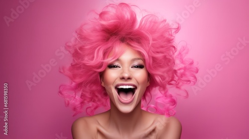 an overjoyed young woman with wild pink hair beams all over her face against a pink background photo