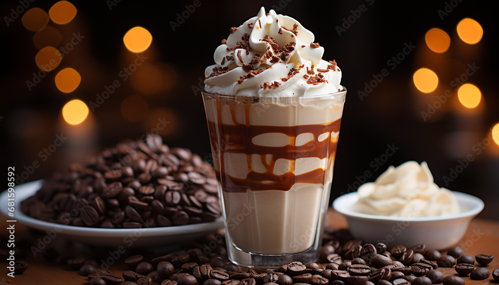 Hot chocolate with whipped cream and chocolate cookie on table generated by AI Hot chocolate with whipped cream and chocolate cookie on table generated by AI