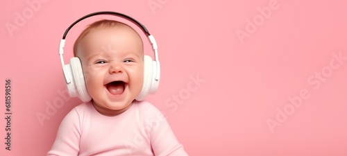 Closeup of cute little sitting laughing smiling newborn infant baby girl in headphones, listen to relaxing music, isolated on pink clean background wall