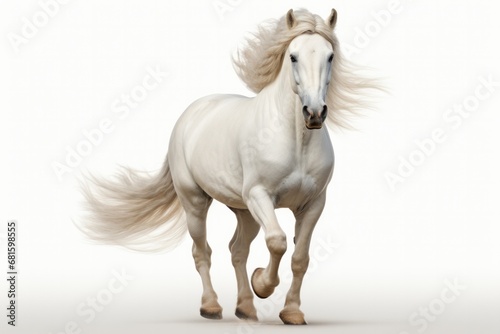 White horse with waving mane trots forwards, white background