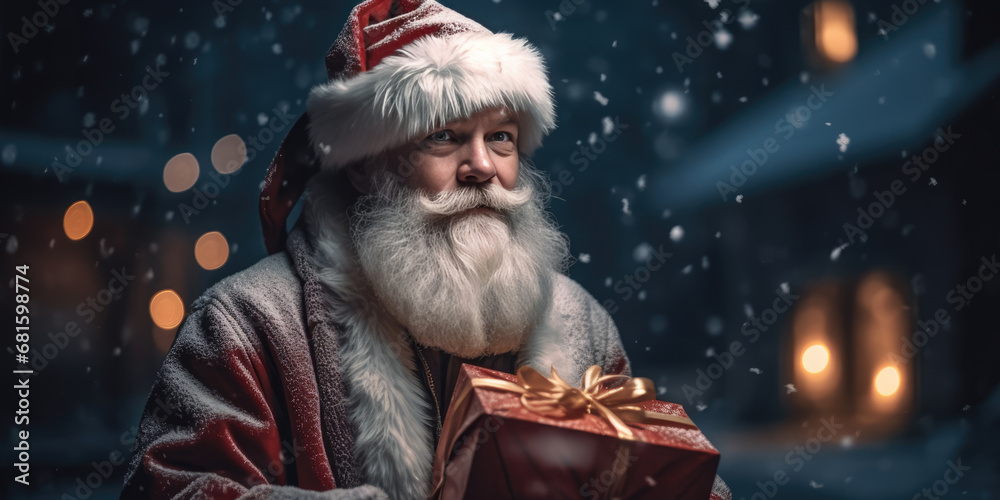 Portrait of Santa Claus with gray beard and Christmas Gift standing in winter snowy street at night. Christmas and New Year concept. Modern Santa Claus