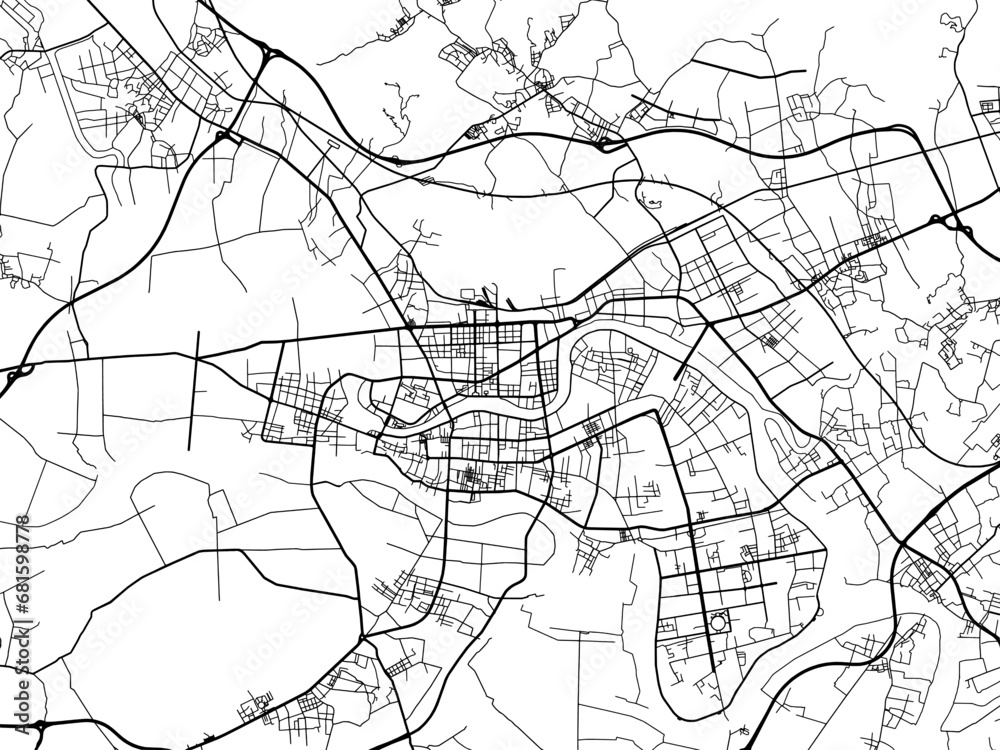 Vector road map of the city of Jieyang in the People's Republic of China (PRC) with black roads on a white background.