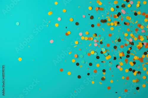  a group of colorful confetti sprinkles on a teal blue background with space for a text or an image to put on the bottom of the confetti.