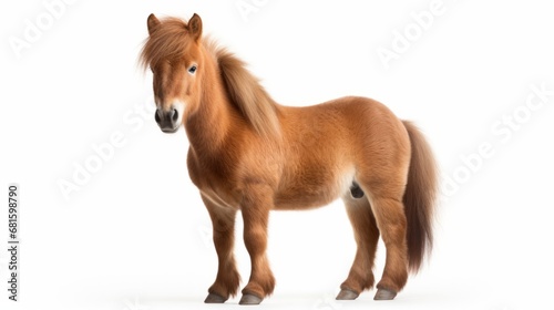 brown shetland pony portrait standing in front of a white background
