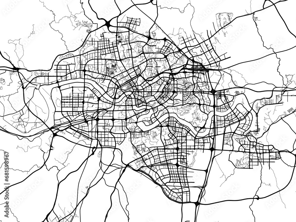 Vector road map of the city of Nanning in the People's Republic of China (PRC) with black roads on a white background.