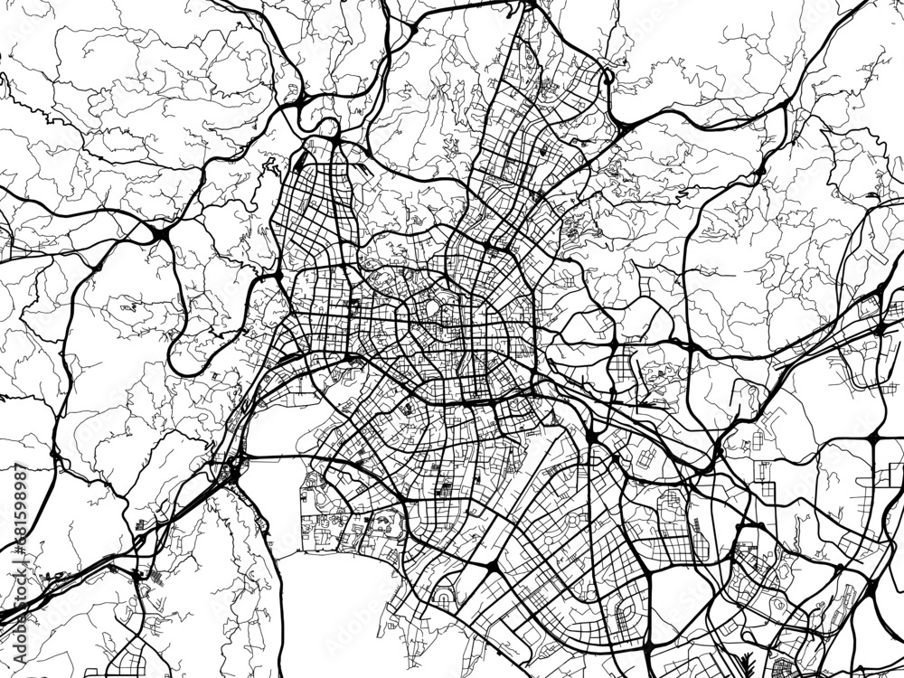 Vector road map of the city of Kunming in the People's Republic of China (PRC) with black roads on a white background.