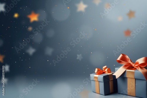  a blue gift box with a red ribbon and a bow on a blue background with stars of different shapes and sizes, with a place for text ornament. © Shanti