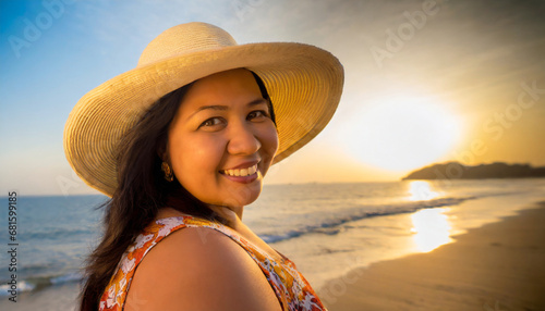 Curvy asian woman with straw hat smiling at a beach photo