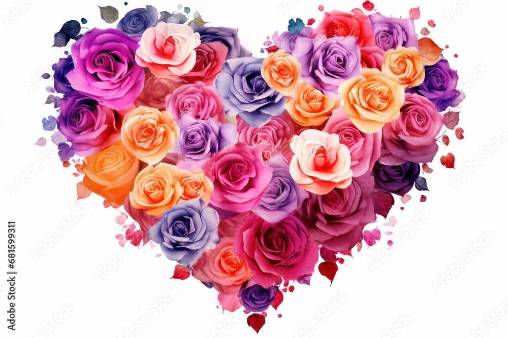 a heart - shaped arrangement of multicolored roses in the shape of a heart on a white background for a valentine's day card or valentine's day. a heart - shaped arrangement of multicolored roses in the shape of a heart on a white background for a valentine's day card or valentine's day.