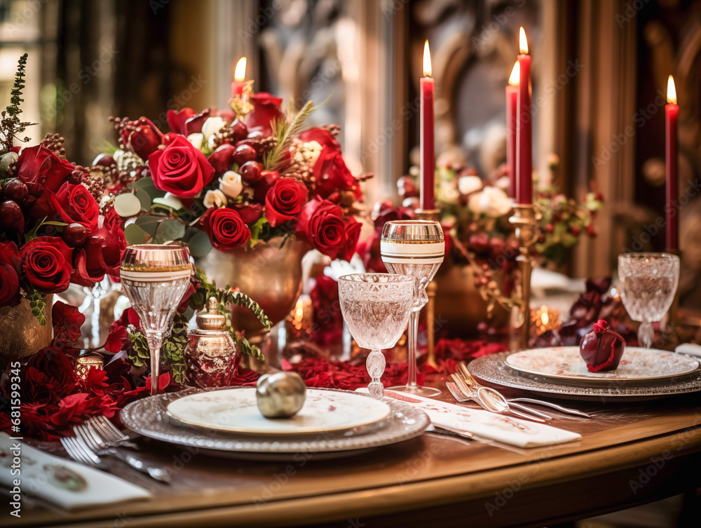 A beautifully adorned Christmas table, exuding warmth and cheer, welcomes guests with open seats and glasses brimming
