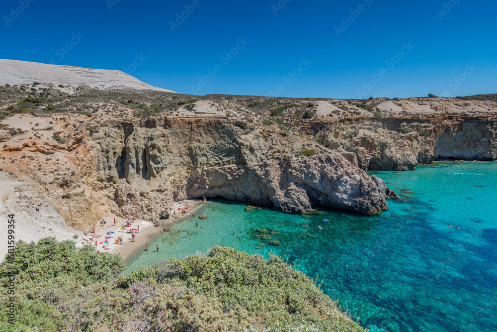 Panoramic view of Tsigrado bay in Milos, Cyclades islands archipelago GR
