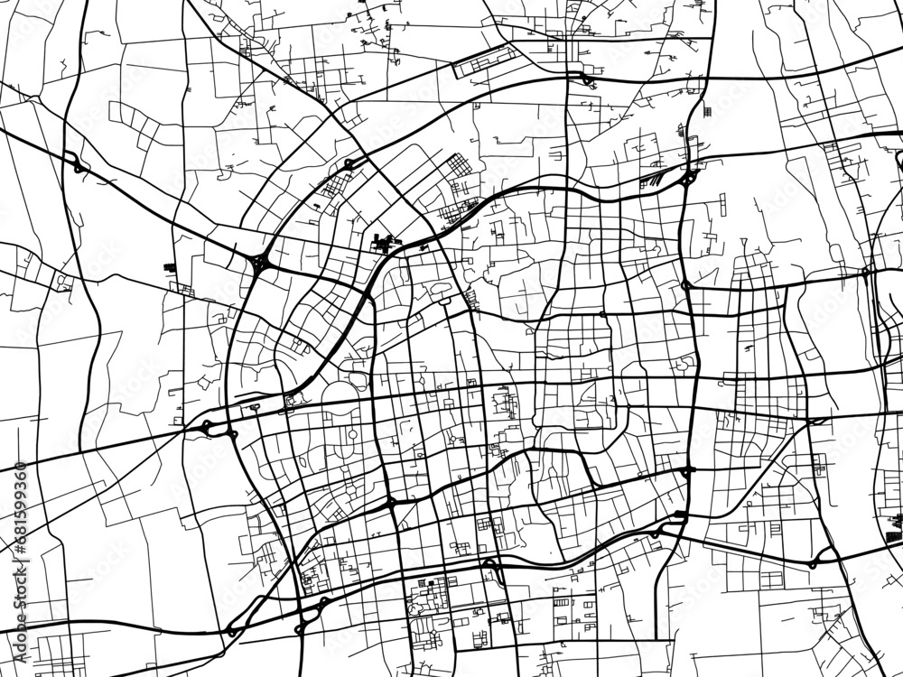 Vector road map of the city of Yangzhou in the People's Republic of China (PRC) with black roads on a white background.