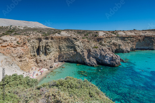 Panoramic view of Tsigrado bay in Milos, Cyclades islands archipelago GR © Davide D. Phstock