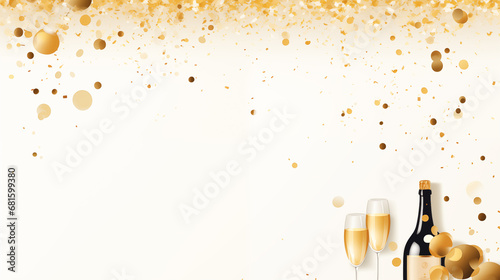 new year celebration with gold confetti and champagne on a beige background free vector illustration, in the style of aerial view, the stars art group