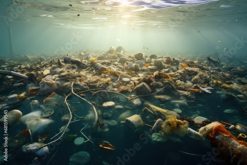  a large amount of trash floating on top of a body of water with sunlight coming through the water's surface above the water is a large amount of trash floating on the water surface.