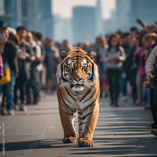 A tiger walks head-on towards the camera in a city surrounded by a crowd of people out of focus in the background and to the side