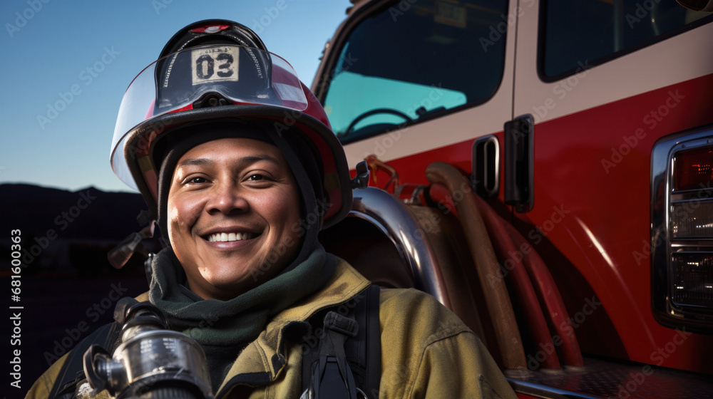 Young Native American Indian fireman in front of his truck Young Native American Indian fireman in front of his truck