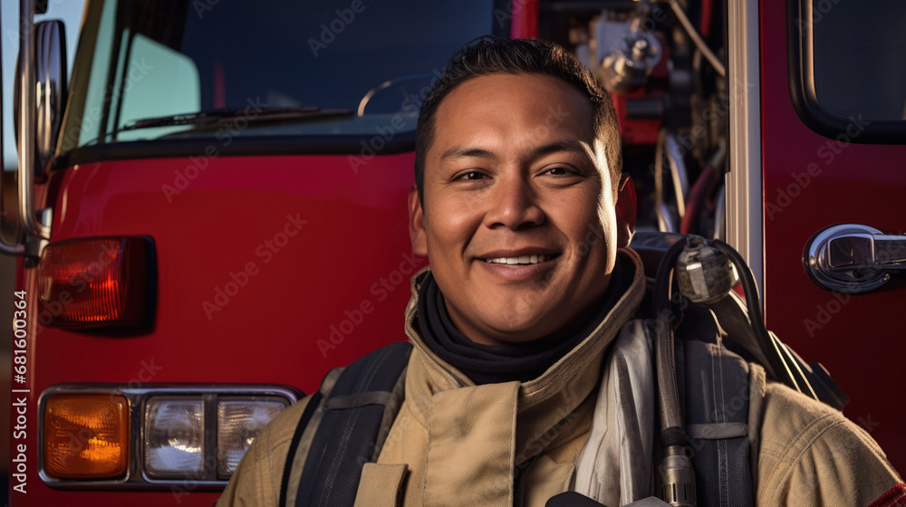 Portrait of young Native American Indian fireman in front of his truck Portrait of young Native American Indian fireman in front of his truck