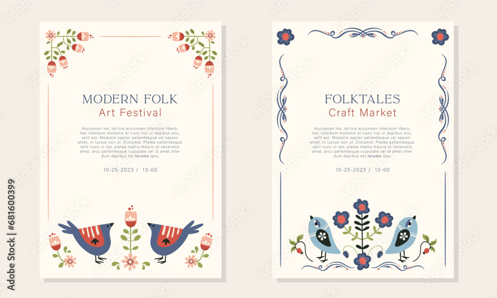 Folk vector set of invitations, flyers or advertising templates in Nordic style, hygge ready to use designs or prints. Symmetrical ethnic elements. The scandi folk motifs - snake, flowers, leaves - obrazy, fototapety, plakaty 