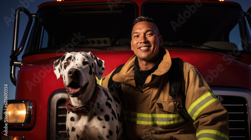 Native American Indian fireman and his dog in front of a red fire truck