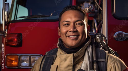 Portrait of young Native American Indian fireman in front of his truck
