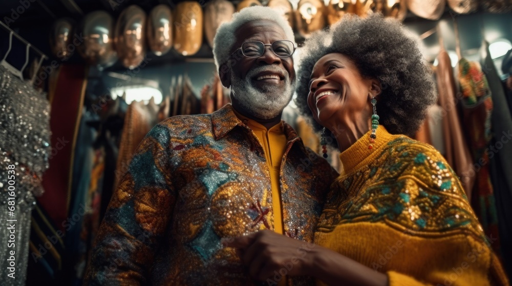 Jubilant Afro couple explores city streets amid Christmas market delights.