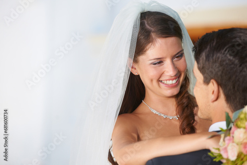 Smile, bride and groom hugging at wedding with mockup, love and commitment at reception. Romance, face of woman and man in embrace at marriage celebration with happiness, loyalty and future together. photo