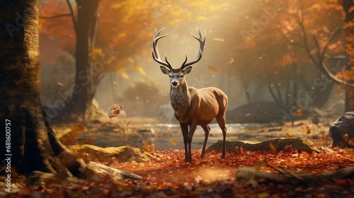 Beautiful reindeer in a autumn environment  with the leaves on the ground emphasizing its assured gait.