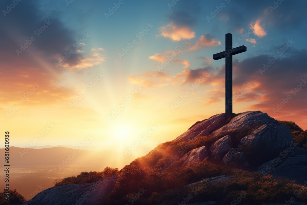  a cross on top of a hill with the sun setting in the background and a person standing at the top of the hill with the cross onlooker.