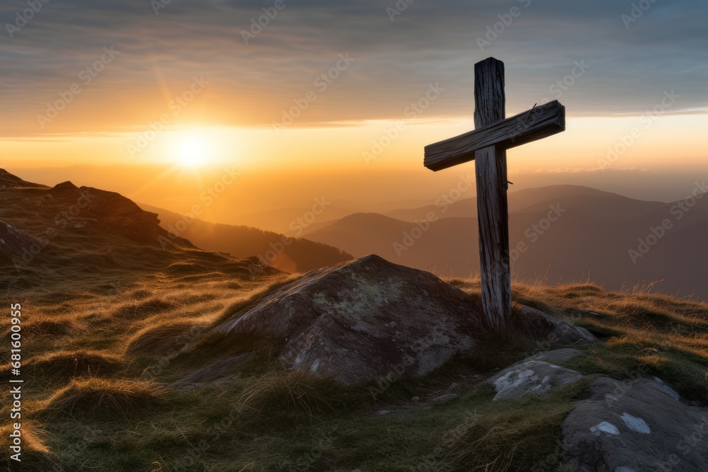  a cross on top of a hill with the sun setting in the distance behind it and a mountain range in the foreground with grass and rocks in the foreground.