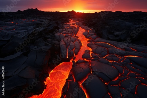  the sun is setting over a lava stream in the middle of a rocky area with lava flowing down the center of the stream, and lava flowing down the center of the stream.