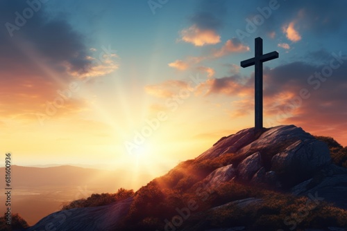  a cross on top of a hill with the sun setting in the background and a person standing at the top of the hill with the cross onlooker.