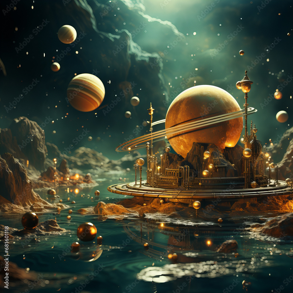 Naklejka premium Distant worlds converge in a quiet lagoon