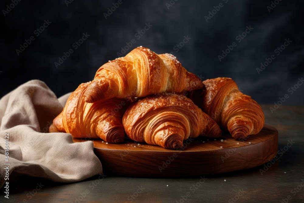  a pile of croissants sitting on top of a wooden plate next to a white cloth on top of a wooden plate on top of a wooden table.