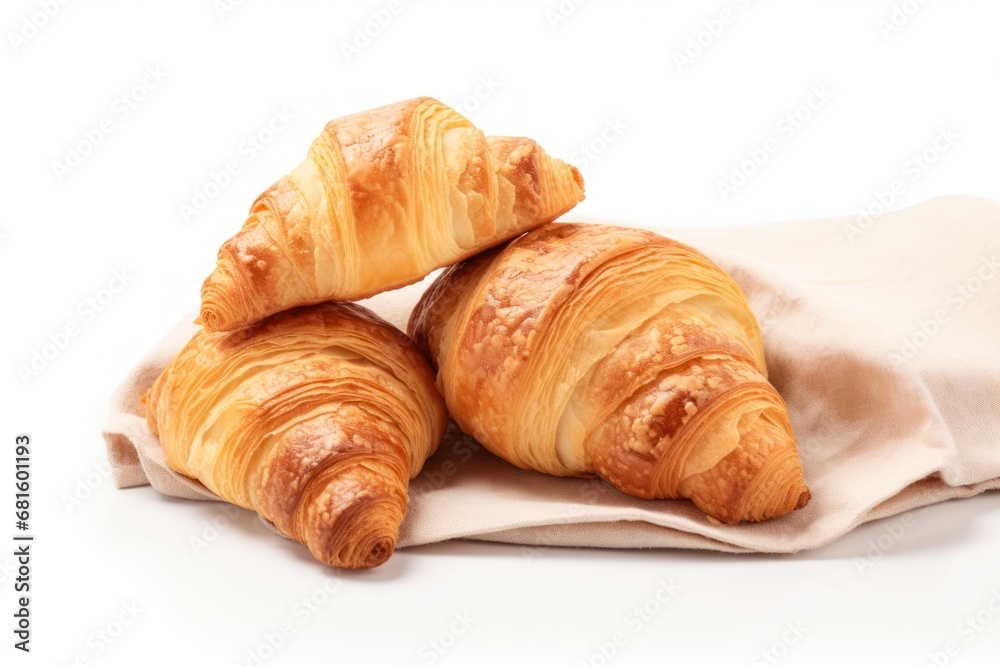  a couple of croissants sitting on top of a piece of cloth on top of a white table cloth on top of a white table top of a white surface.
