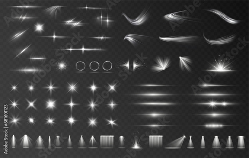 Light effect flare white shine, vector len glow line sparkle shine. White, lens, star, glow, spark, effect, light, line, spotlight, flare, twirl, curve, vector.	