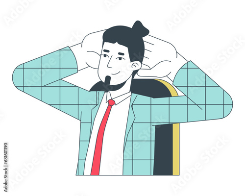 Bearded office man keeping hands behind head 2D linear cartoon character. Caucasian adult male isolated line vector person white background. Workplace break enjoying color flat spot illustration