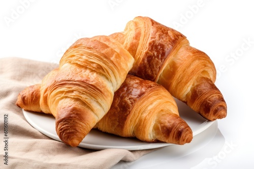  a couple of croissants sitting on top of a white plate on top of a beige napkin on top of a white plate on top of a table.
