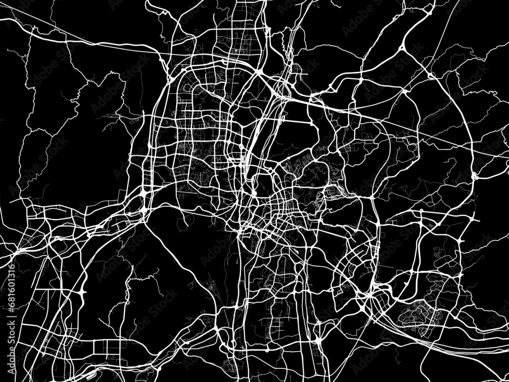 Vector road map of the city of Guiyang in People's Republic of China (PRC) with white roads on a black background.