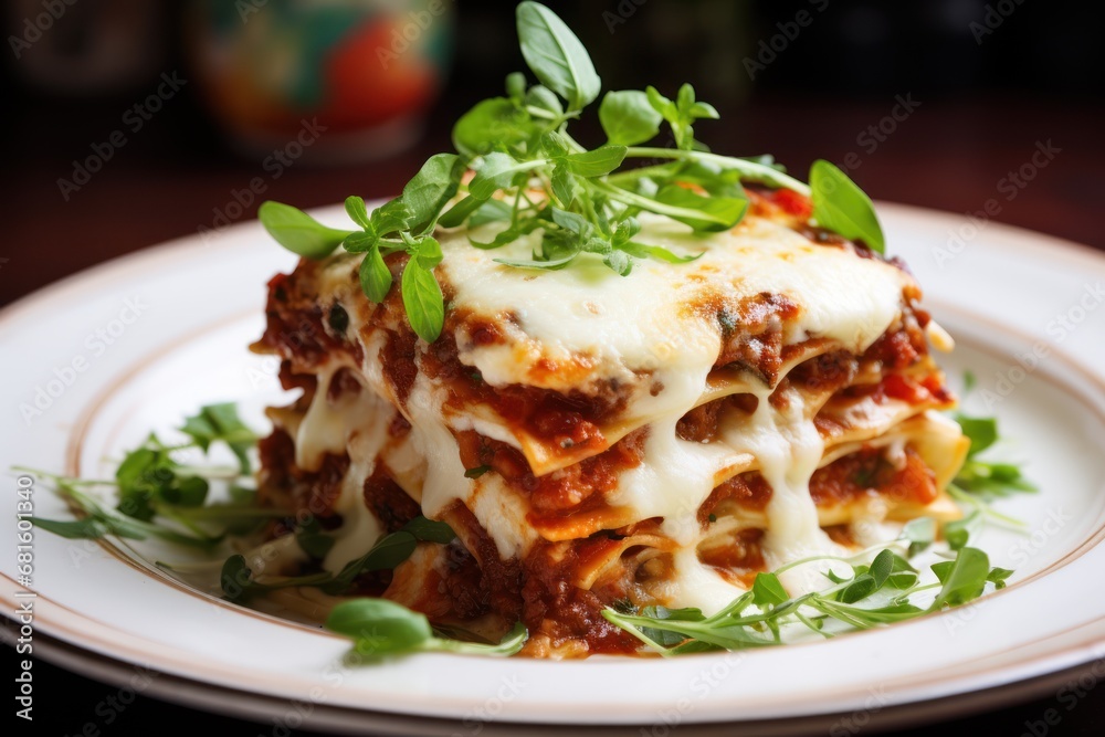  a white plate topped with lasagna covered in cheese and sauce and garnished with green leafy garnish and a sprig of parsley.