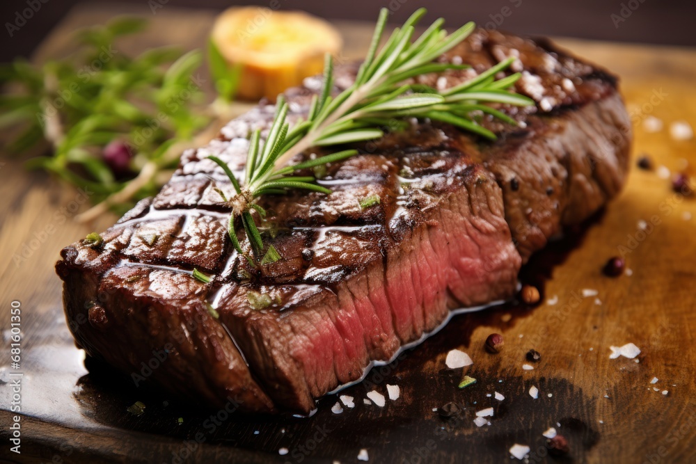 a piece of steak with a sprig of rosemary on top of it sitting on a cutting board next to a pile of greens and a slice of lemon. a piece of steak with a sprig of rosemary on top of it sitting on a cutting board next to a pile of greens and a slice of lemon.