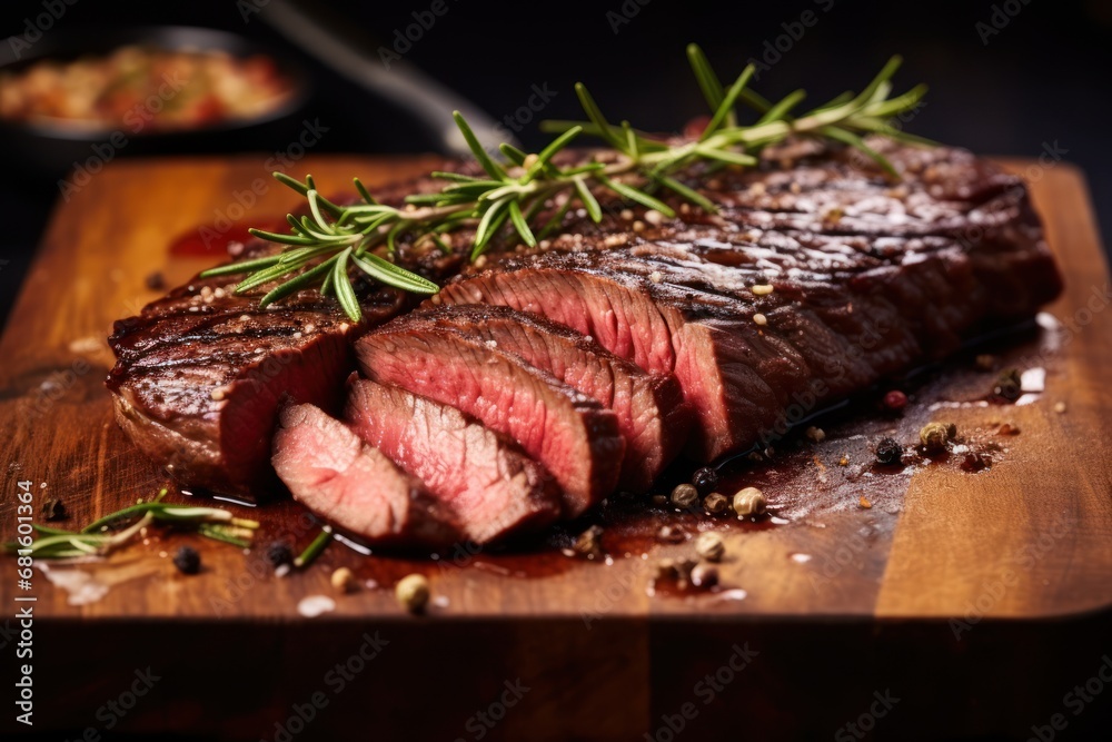  a piece of steak on a cutting board with a sprig of rosemary sprig on top of it and a bowl of seasoning in the background.