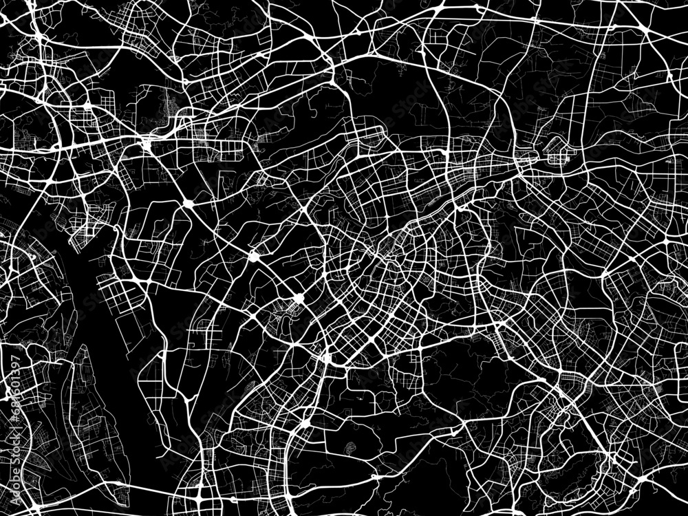 Vector road map of the city of Dongguan in People's Republic of China (PRC) with white roads on a black background.