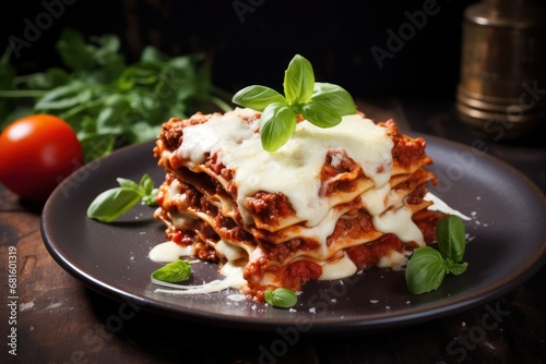  a black plate topped with lasagna covered in sauce and cheese with basil leaves on top of the plate and a tomato and basil sprig in the background.