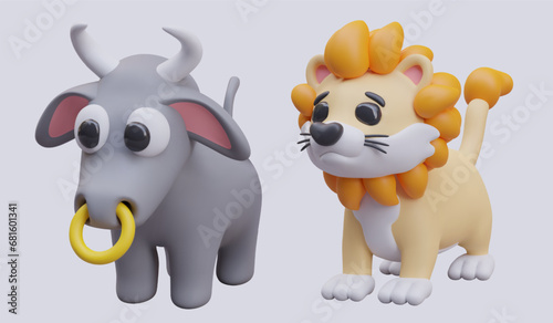 Side view on cute bull with gold ring in nose and orange lion. Realistic composition with animals. Vector illustration in 3D style with gray background