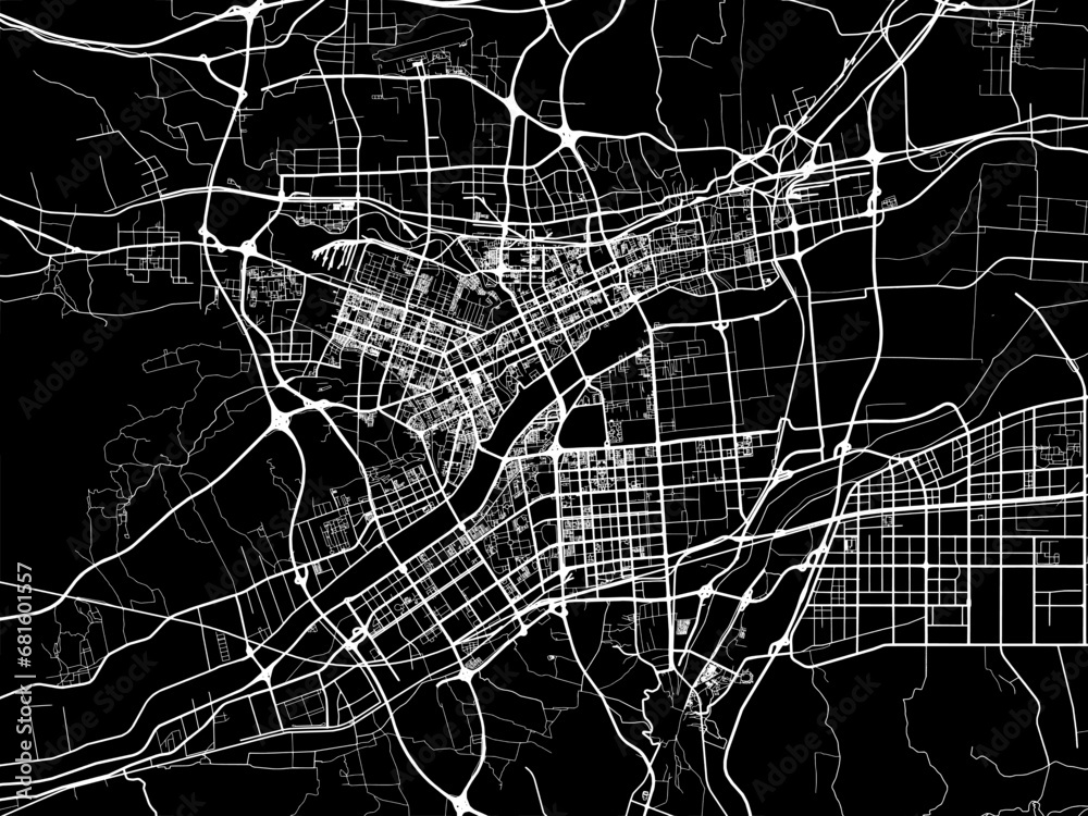 Vector road map of the city of Luoyang in People's Republic of China (PRC) with white roads on a black background.