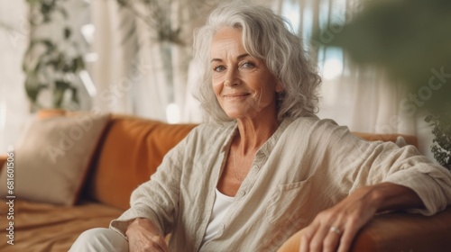 A graceful older woman enjoys quiet moments on her cozy couch.