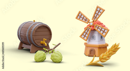 Barrel of beer, green cones of hops, wind mill, ear of wheat. Production from natural ingredients. Color realistic vector illustration with shadows. Brewery and mill concept