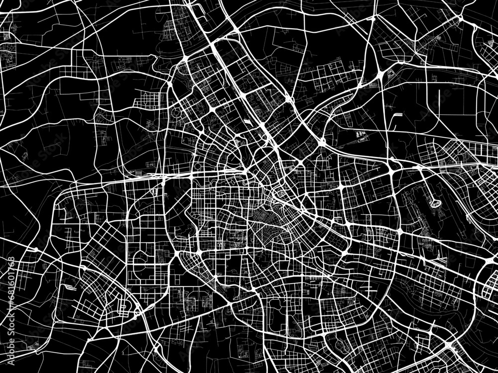 Vector road map of the city of Tianjin in People's Republic of China (PRC) with white roads on a black background.
